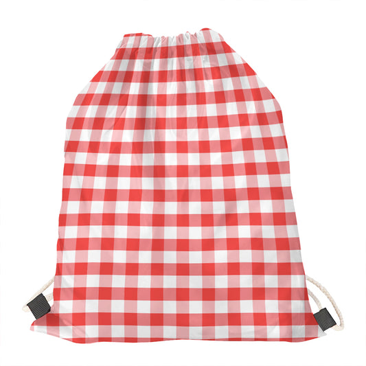 Red And White Gingham Pattern Print Drawstring Bag