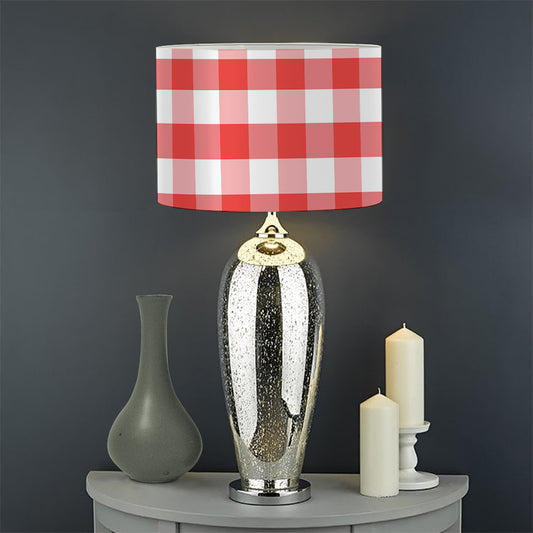 Red And White Gingham Pattern Print Drum Lamp Shade
