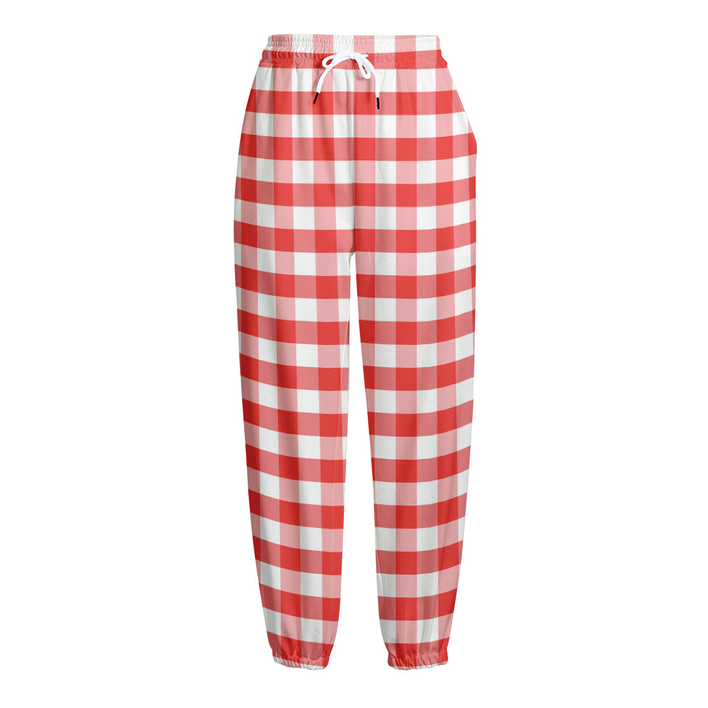 Red And White Gingham Pattern Print Fleece Lined Knit Pants