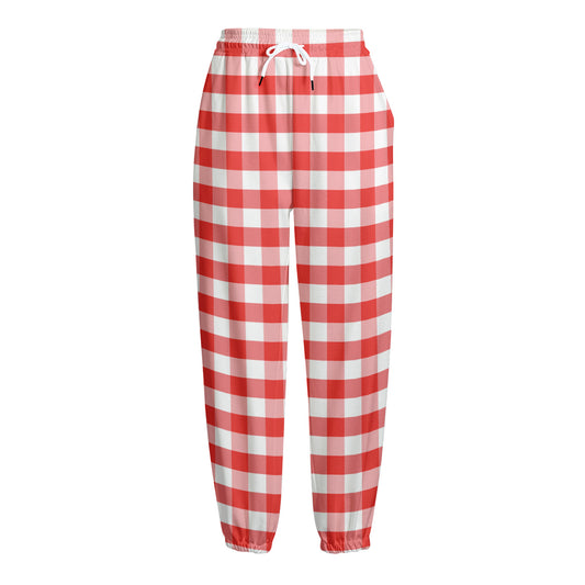 Red And White Gingham Pattern Print Fleece Lined Knit Pants