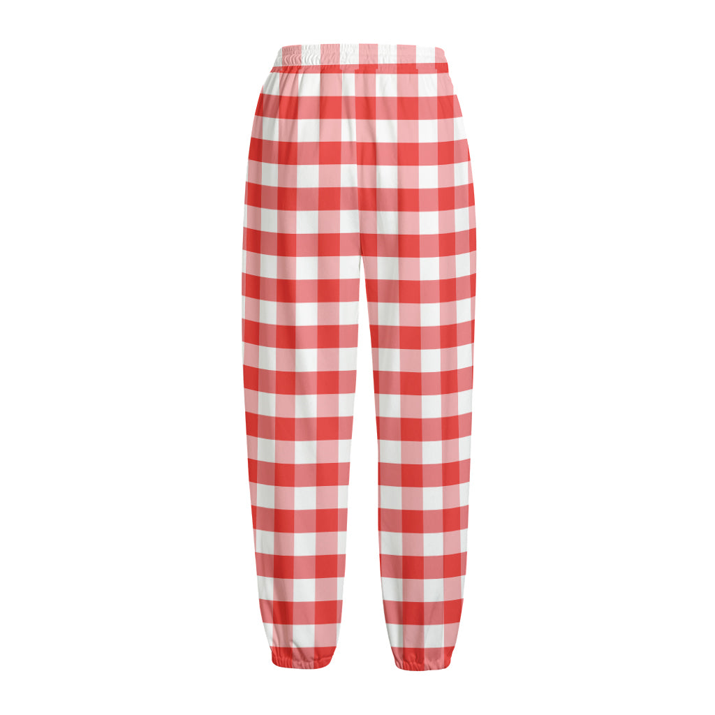 Red And White Gingham Pattern Print Fleece Lined Knit Pants