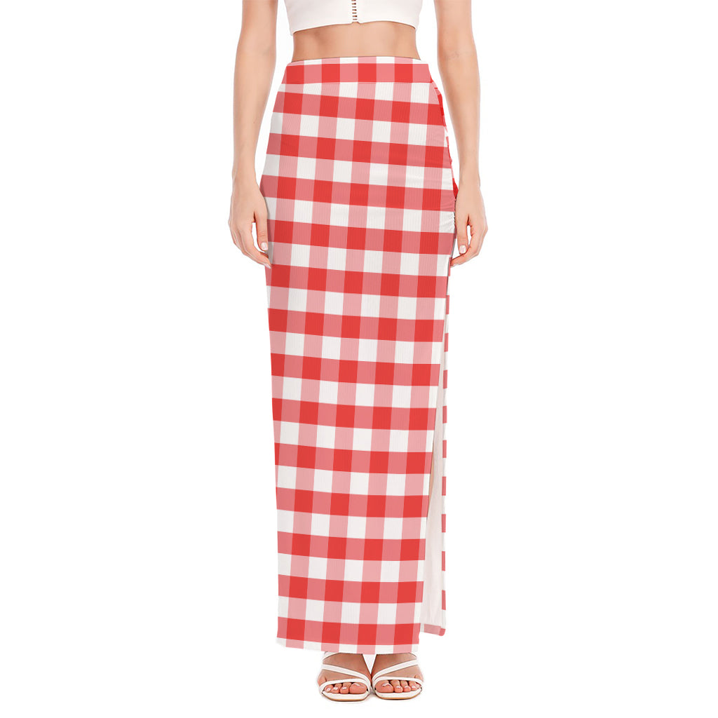 Red And White Gingham Pattern Print High Slit Maxi Skirt