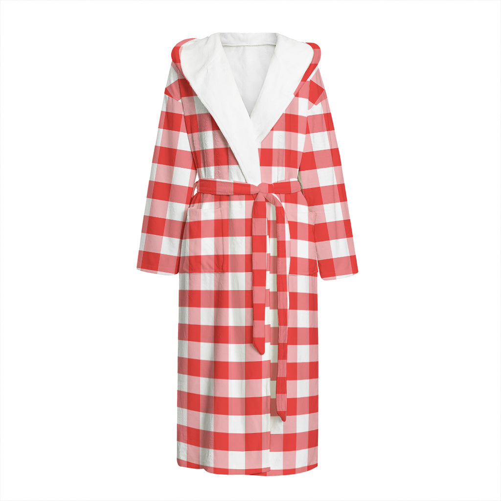 Red And White Gingham Pattern Print Hooded Bathrobe