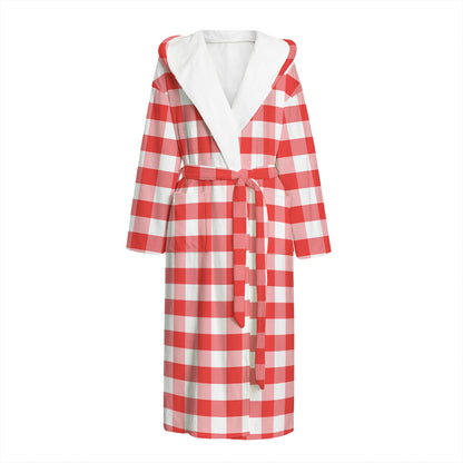 Red And White Gingham Pattern Print Hooded Bathrobe