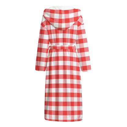 Red And White Gingham Pattern Print Hooded Bathrobe