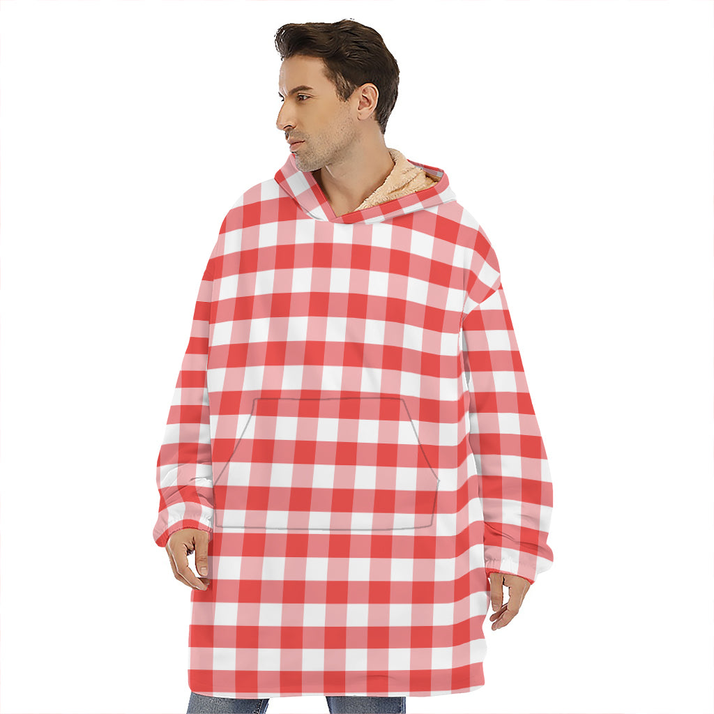 Red And White Gingham Pattern Print Hoodie Blanket