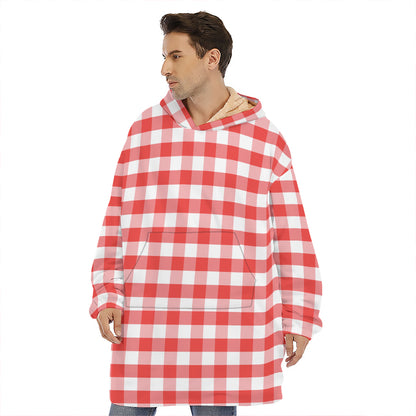 Red And White Gingham Pattern Print Hoodie Blanket