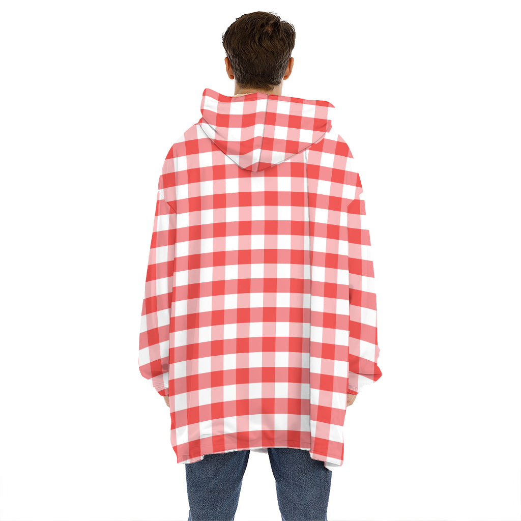 Red And White Gingham Pattern Print Hoodie Blanket