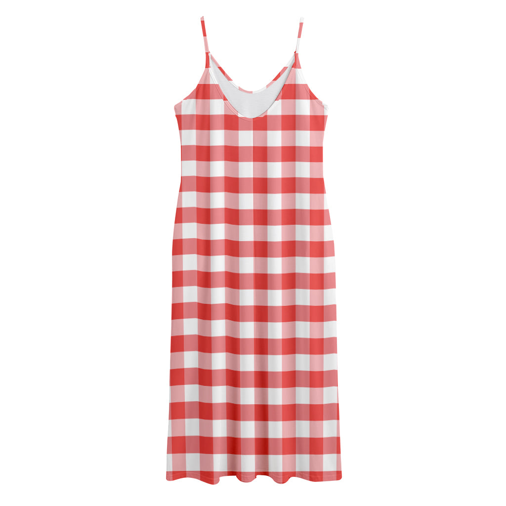 Red And White Gingham Pattern Print Jersey Midi Cami Dress