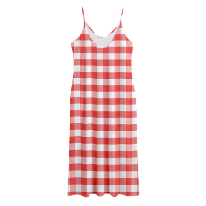 Red And White Gingham Pattern Print Jersey Midi Cami Dress