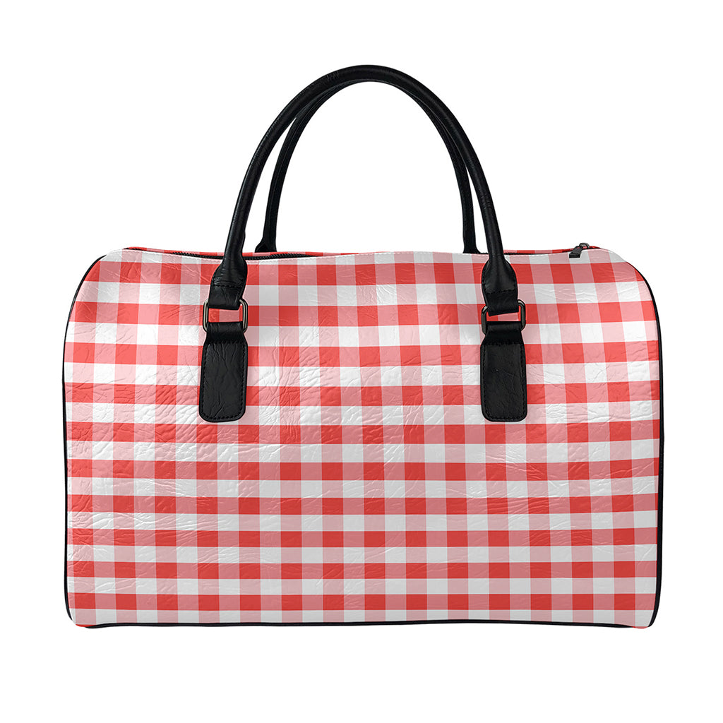Red And White Gingham Pattern Print Leather Duffle Bag