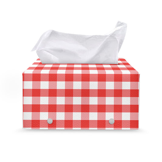 Red And White Gingham Pattern Print Leather Tissue Box Cover