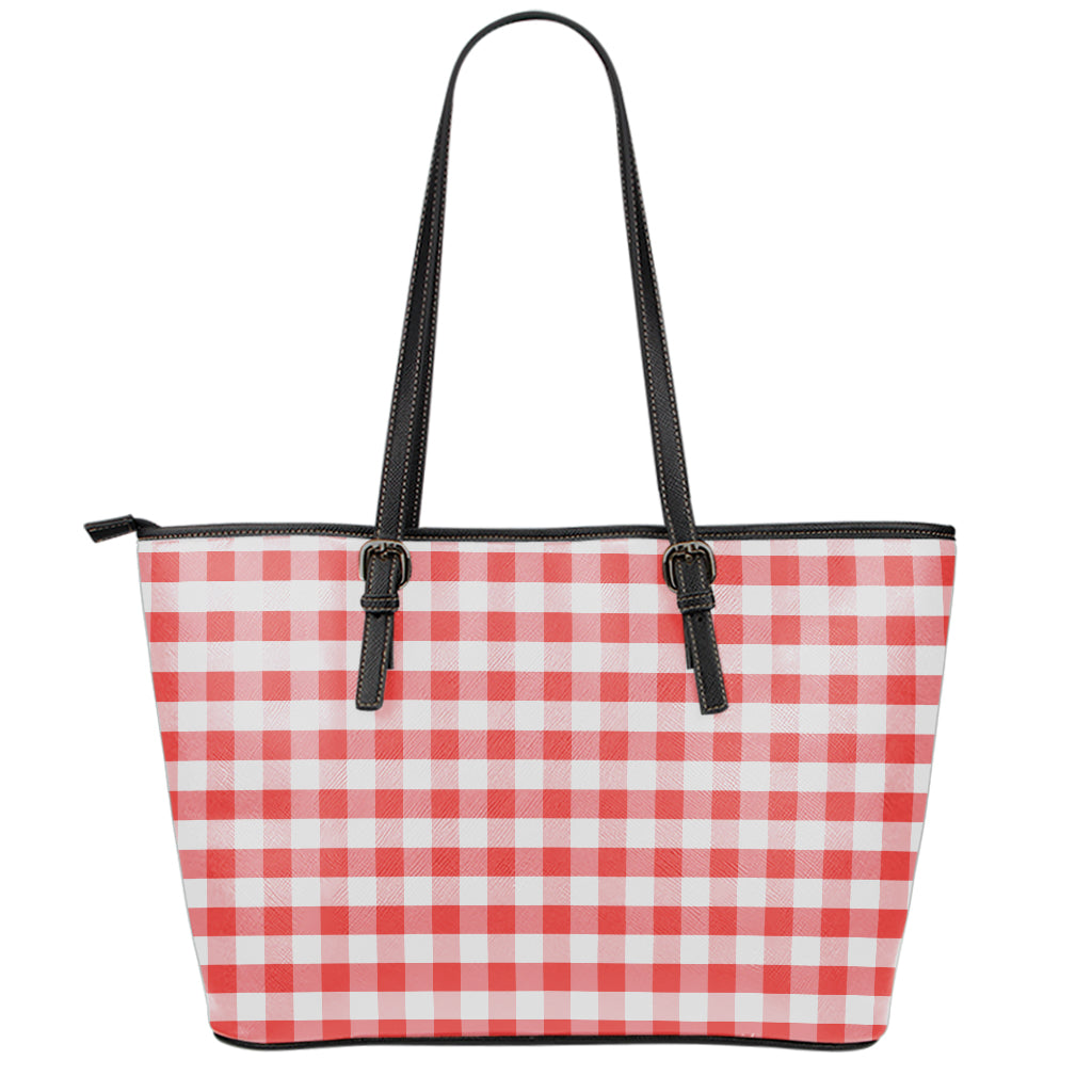 Red And White Gingham Pattern Print Leather Tote Bag