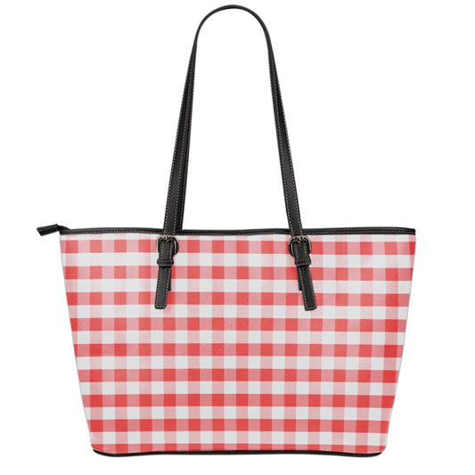 Red And White Gingham Pattern Print Leather Tote Bag