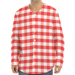 Red And White Gingham Pattern Print Long Sleeve Baseball Jersey