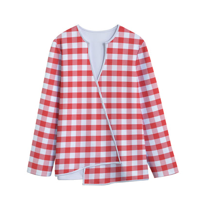 Red And White Gingham Pattern Print Long Sleeve Short Coat