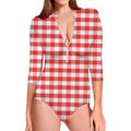 Red And White Gingham Pattern Print Long Sleeve Swimsuit