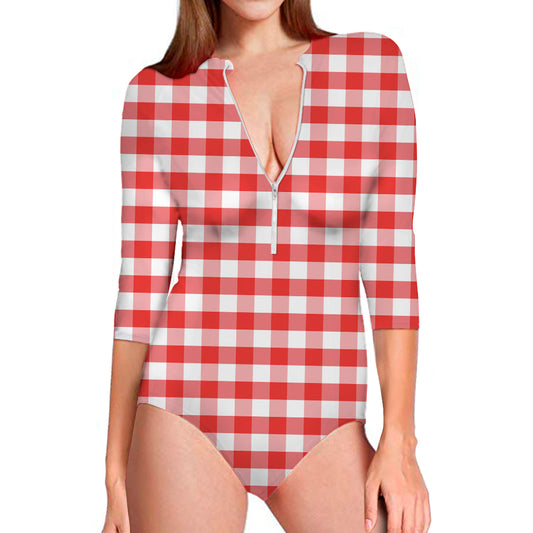 Red And White Gingham Pattern Print Long Sleeve Swimsuit