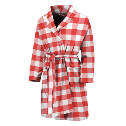 Red And White Gingham Pattern Print Men's Bathrobe