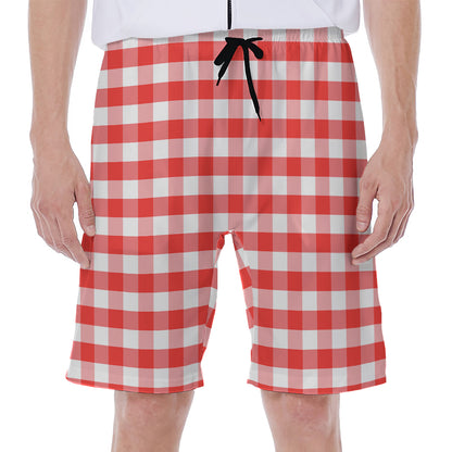 Red And White Gingham Pattern Print Men's Beach Shorts