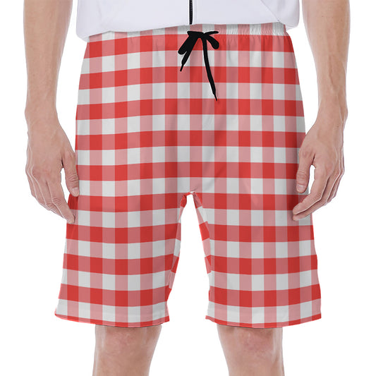 Red And White Gingham Pattern Print Men's Beach Shorts
