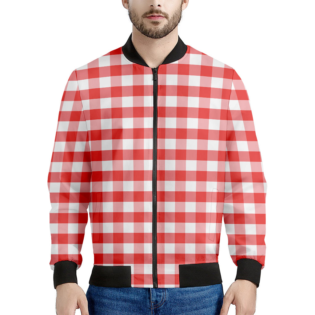Red And White Gingham Pattern Print Men's Bomber Jacket