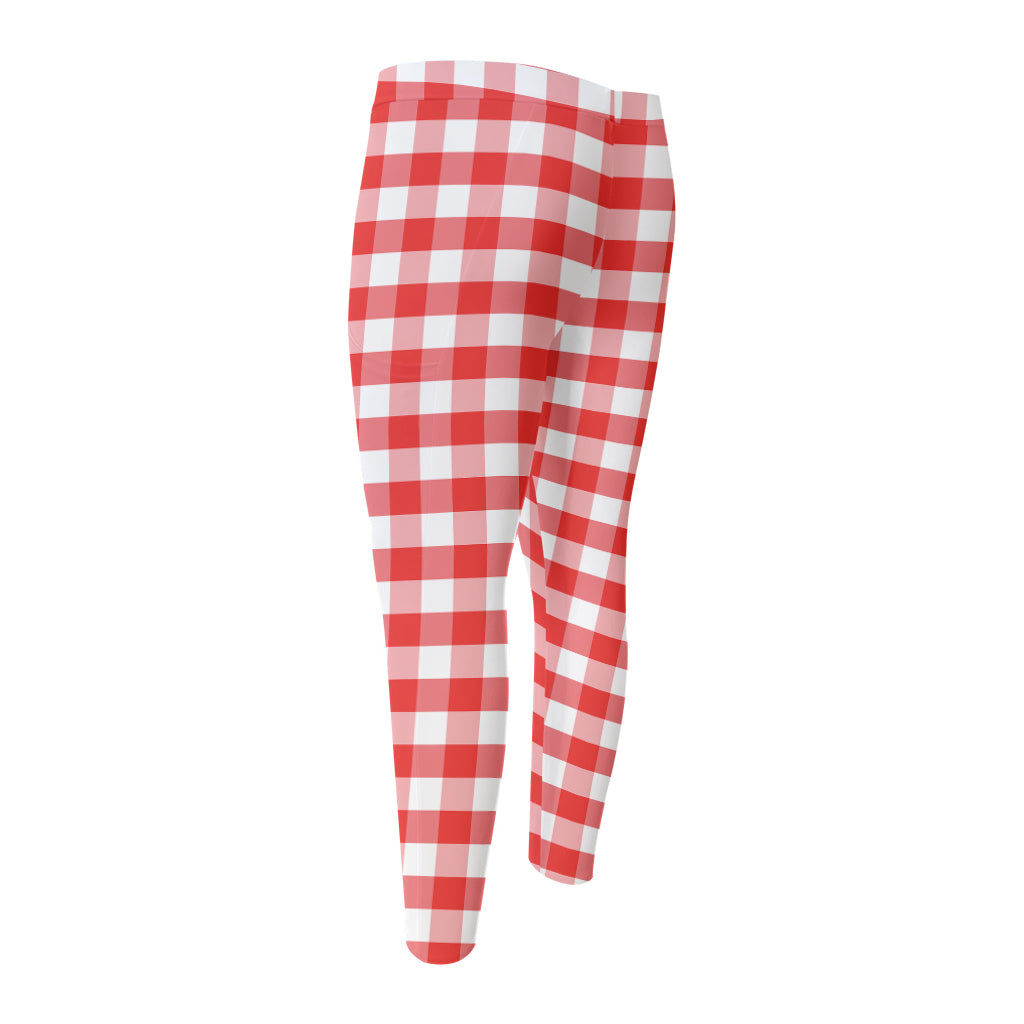 Red And White Gingham Pattern Print Men's Compression Pants