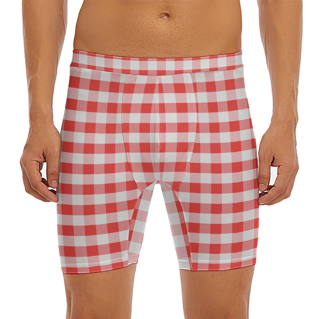 Red And White Gingham Pattern Print Men's Long Boxer Briefs