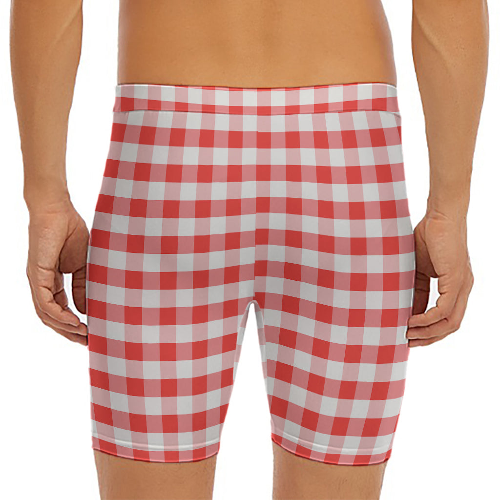 Red And White Gingham Pattern Print Men's Long Boxer Briefs