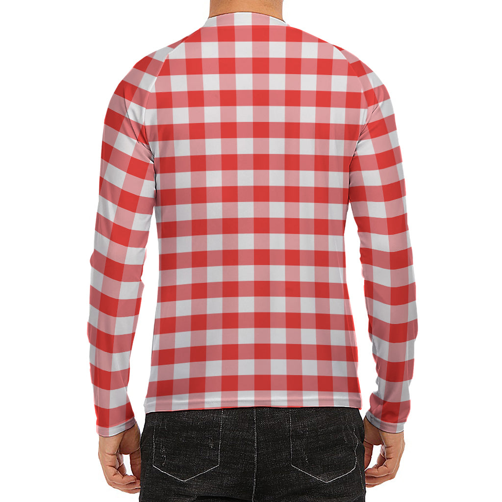 Red And White Gingham Pattern Print Men's Long Sleeve Rash Guard