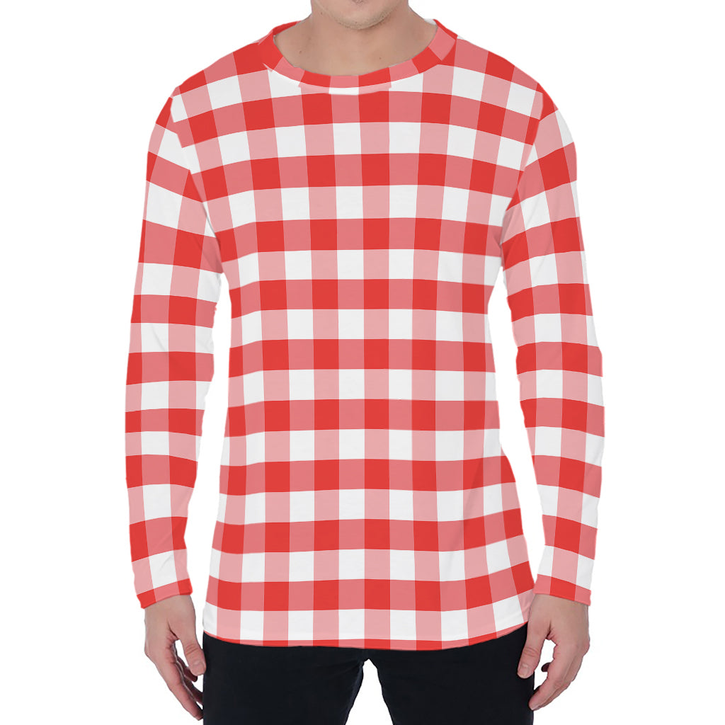 Red And White Gingham Pattern Print Men's Long Sleeve T-Shirt