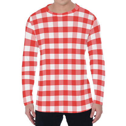Red And White Gingham Pattern Print Men's Long Sleeve T-Shirt