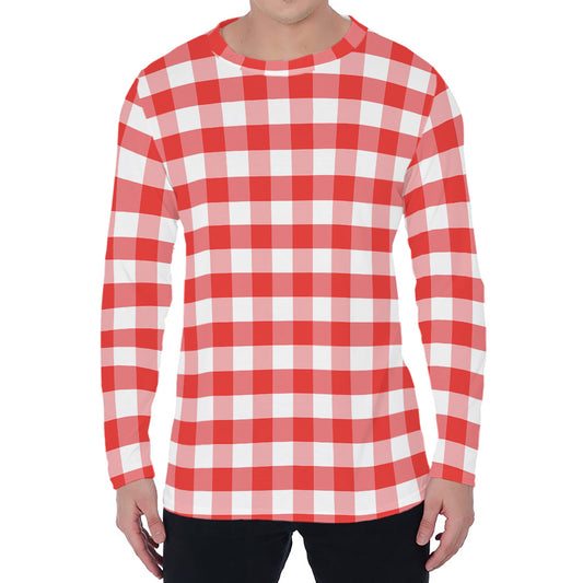 Red And White Gingham Pattern Print Men's Long Sleeve T-Shirt