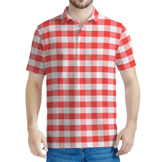 Red And White Gingham Pattern Print Men's Polo Shirt