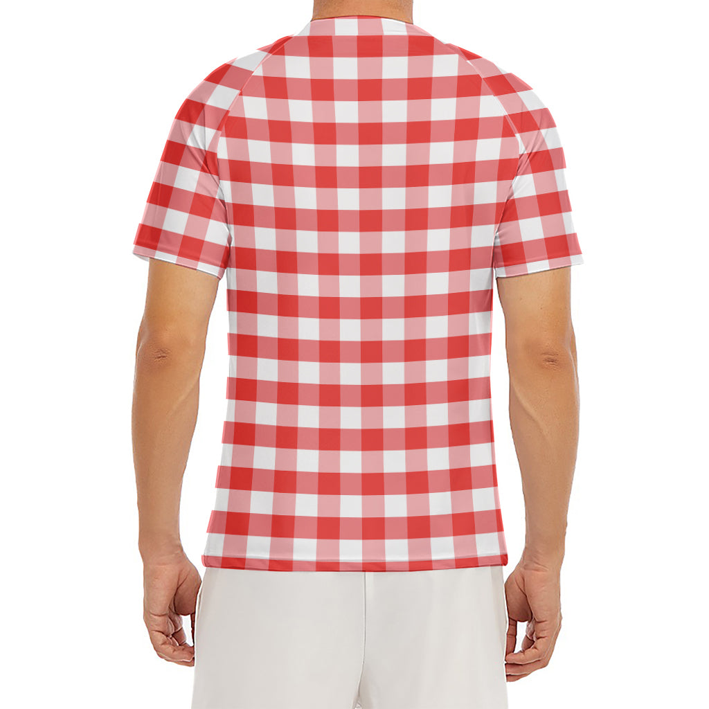 Red And White Gingham Pattern Print Men's Short Sleeve Rash Guard