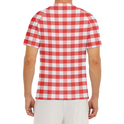 Red And White Gingham Pattern Print Men's Short Sleeve Rash Guard