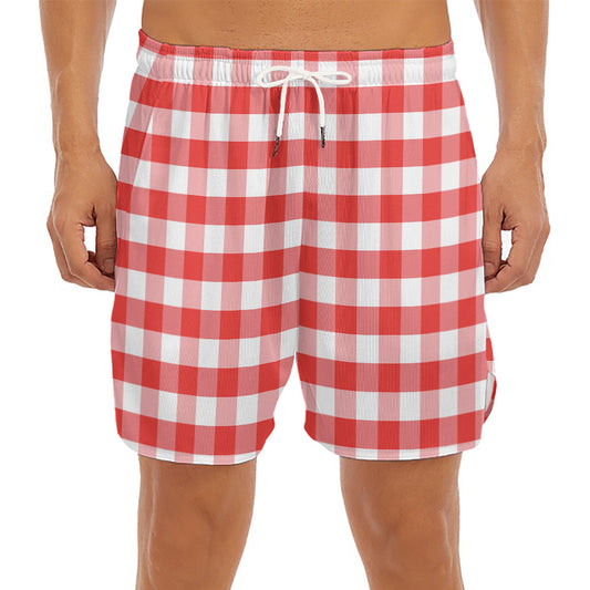 Red And White Gingham Pattern Print Men's Split Running Shorts
