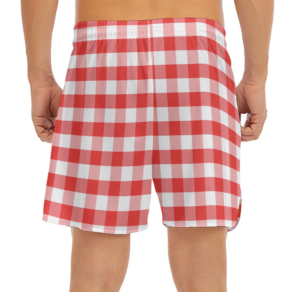 Red And White Gingham Pattern Print Men's Split Running Shorts