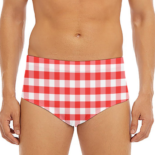 Red And White Gingham Pattern Print Men's Triangle Swim Briefs
