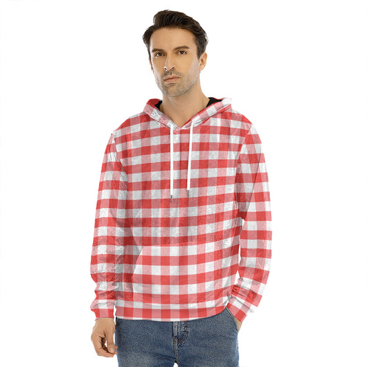 Red And White Gingham Pattern Print Men's Velvet Pullover Hoodie