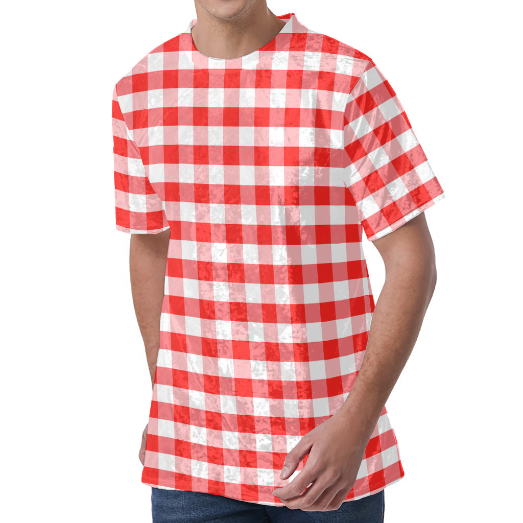 Red And White Gingham Pattern Print Men's Velvet T-Shirt