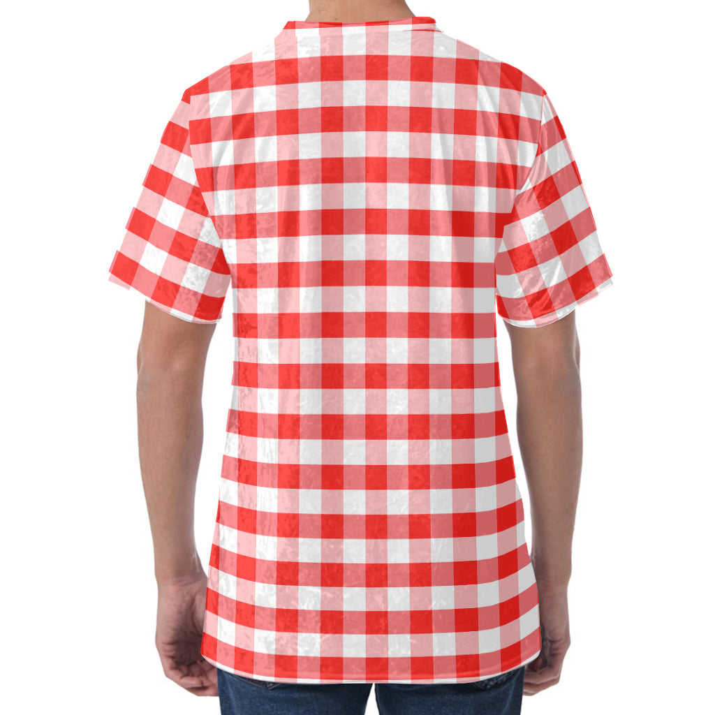 Red And White Gingham Pattern Print Men's Velvet T-Shirt