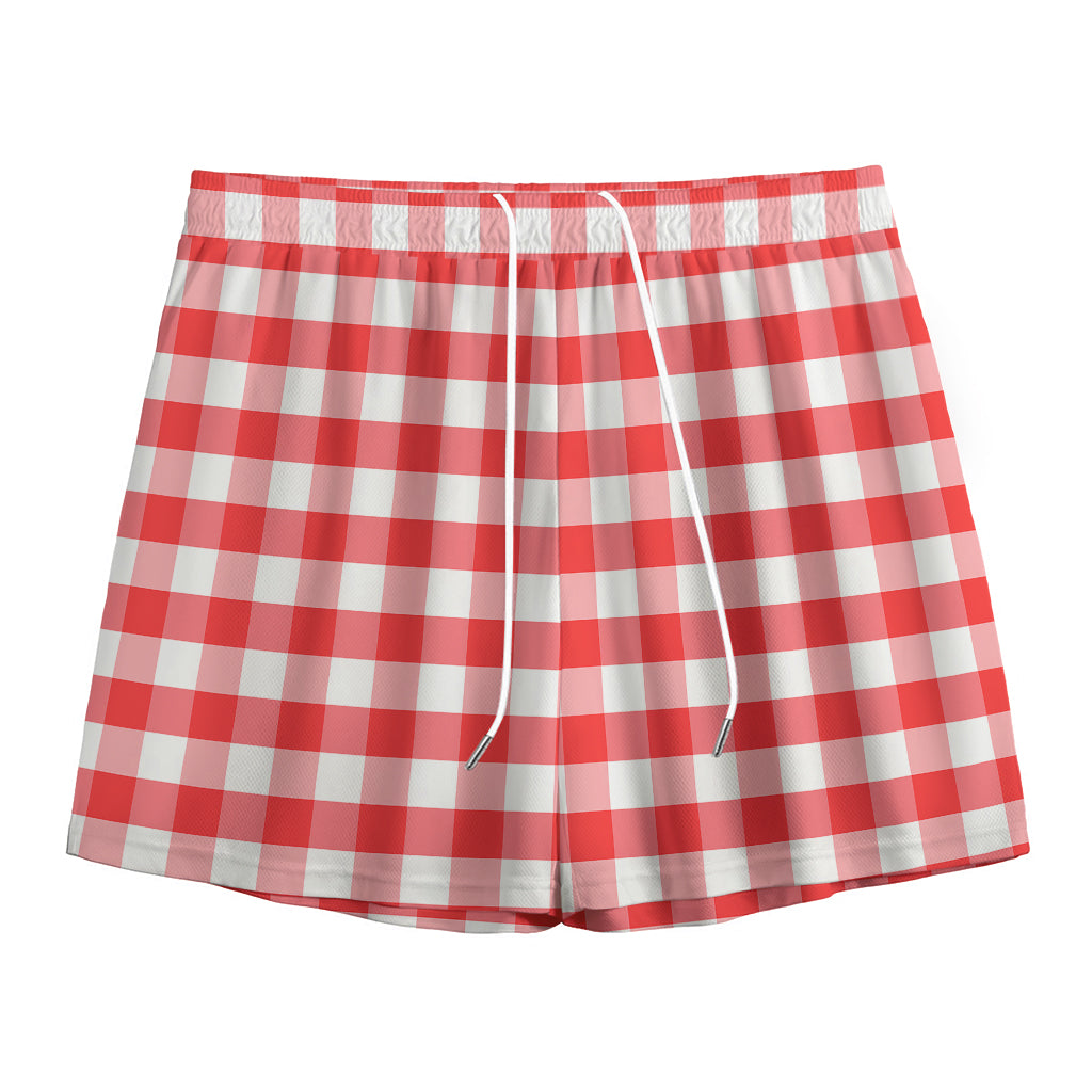Red And White Gingham Pattern Print Mesh Shorts