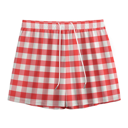 Red And White Gingham Pattern Print Mesh Shorts