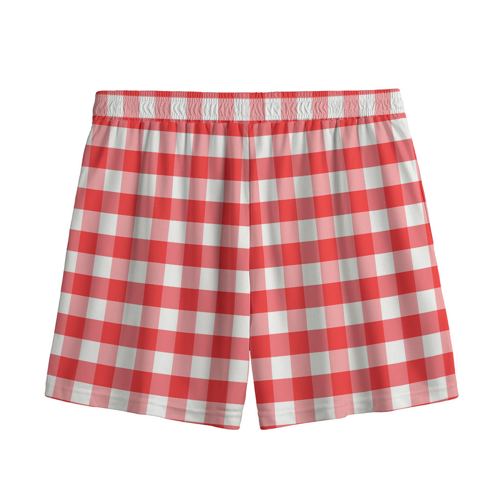 Red And White Gingham Pattern Print Mesh Shorts