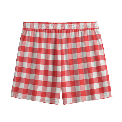 Red And White Gingham Pattern Print Mesh Shorts