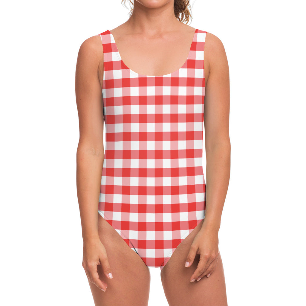 Red And White Gingham Pattern Print One Piece Swimsuit