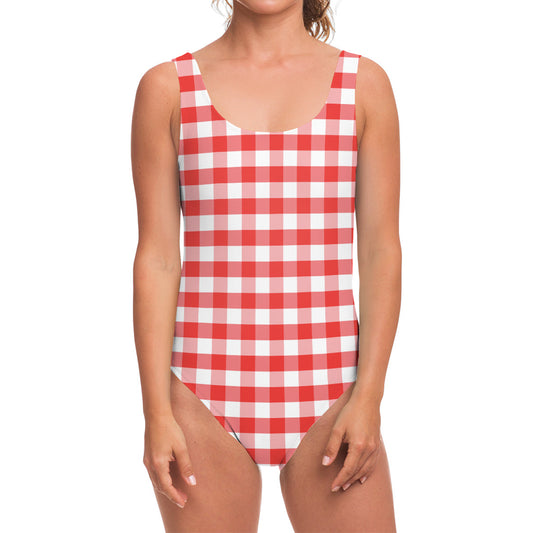 Red And White Gingham Pattern Print One Piece Swimsuit