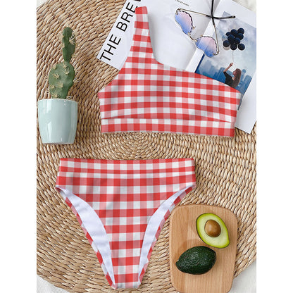 Red And White Gingham Pattern Print One Shoulder Bikini Top