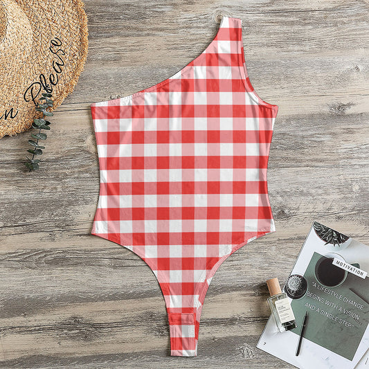 Red And White Gingham Pattern Print One Shoulder Bodysuit